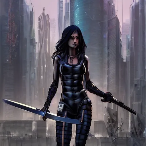 Prompt: cyberpunk girl with a katana in front of a cybernetic building, electric energy, beautiful, full body shot, getting ready to fight, heroic pose, urban motifs, intricate, elegant, highly detailed, digital painting, trending on artstation, concept art, smooth sharp focus, illustration, art by artgerm and greg rutkowski