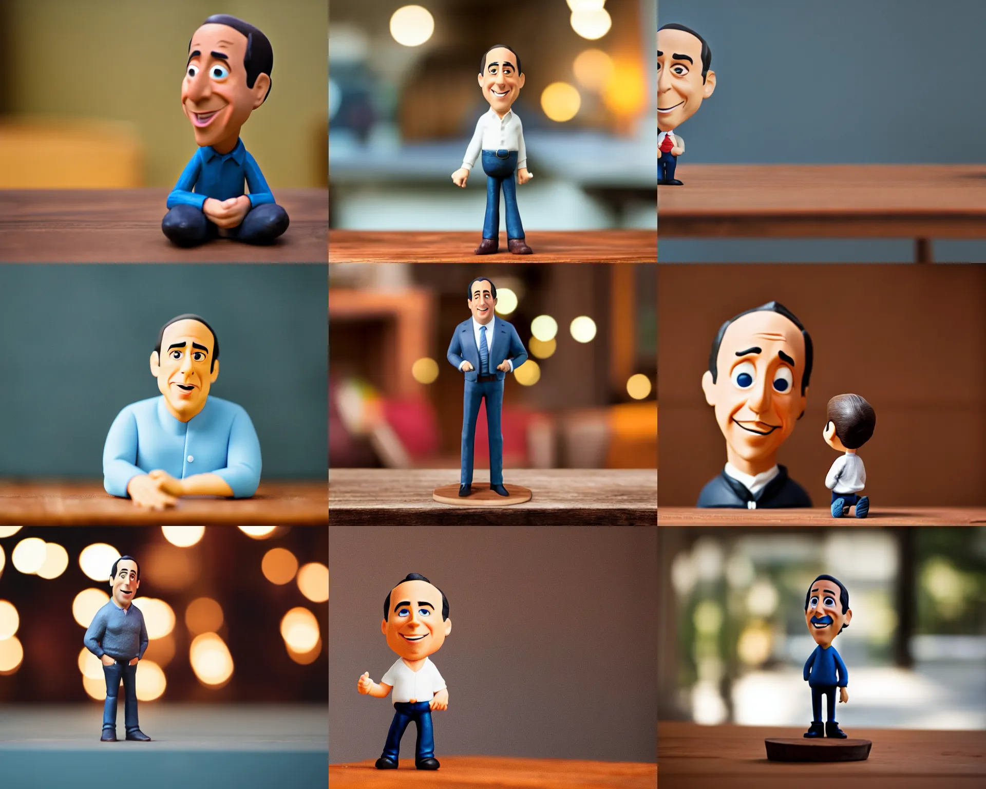 Prompt: jerry seinfeld figurine by pixar sad bokeh on wooden table.