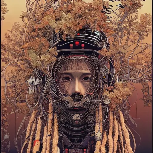 Image similar to a beautiful ukiyo painting of robot with dreadlocks, wearing space techwear, detailed symmetrical close up portrait, intricate complexity, by takato yamamoto, wlop, krenz cushart. cinematic dramatic atmosphere, sharp focus