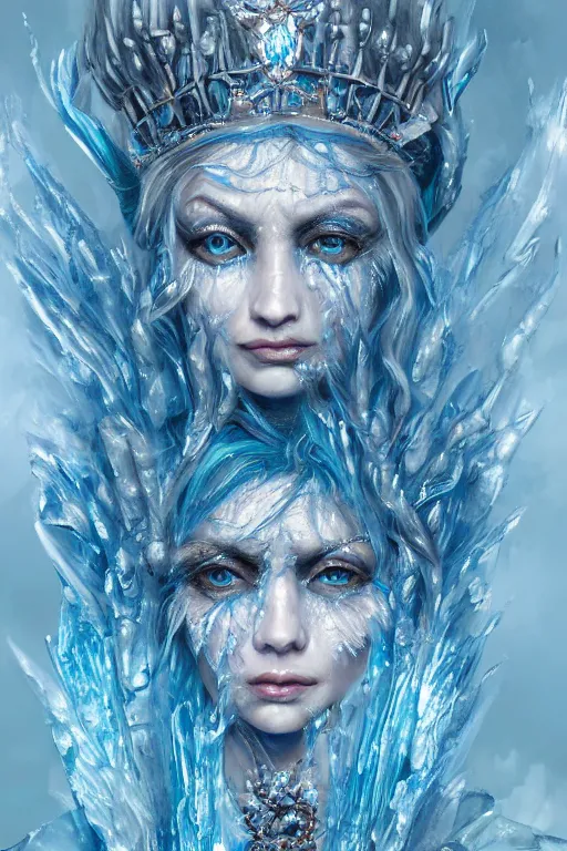 Prompt: Fantasy character portrait of distorted detailed painting of a queen woman made of ice, blue hues, ice blue, icy, hyper detailed, trending on Artstation