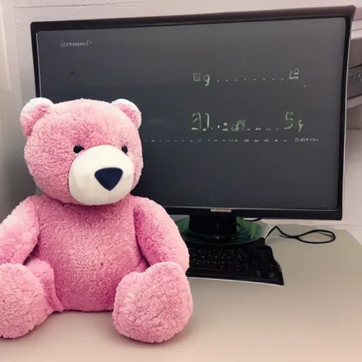 Prompt: A bear sitting in front of a 90s compute, cute, pastel, bubbly