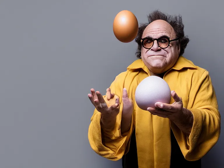 Prompt: danny devito as thanos, holding up an egg, cinematic, anamorphic, dramatic, 4 0 mm f / 2. 8