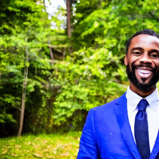 Image similar to portrait of a man wearing a suit smiling with big white teeth, waterfall background, intense blue sky, trees, magenta colors”