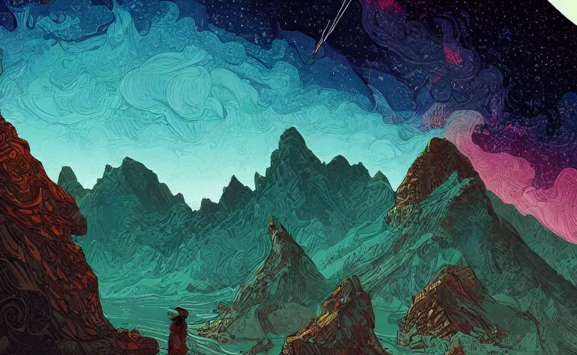 Prompt: mountains, stars and paisley filled sky, artstation, intricate, highly detailed, digital painting, concept art, sharp focus, illustration by charles williams and kilian eng and james jean