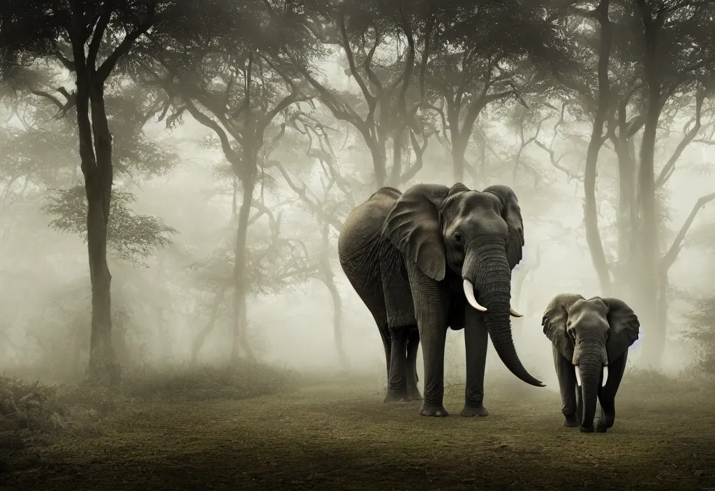 Image similar to an elephant king, his trunk is a long tentacle, in a jungle with ominous light from above, ambient light, fog, river, symmetrical, poetic