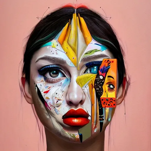 Image similar to a painting of a woman's face with many different things on her face, a surrealist painting by Sandra Chevrier, behance contest winner, pop surrealism, surrealist, detailed painting, poster art