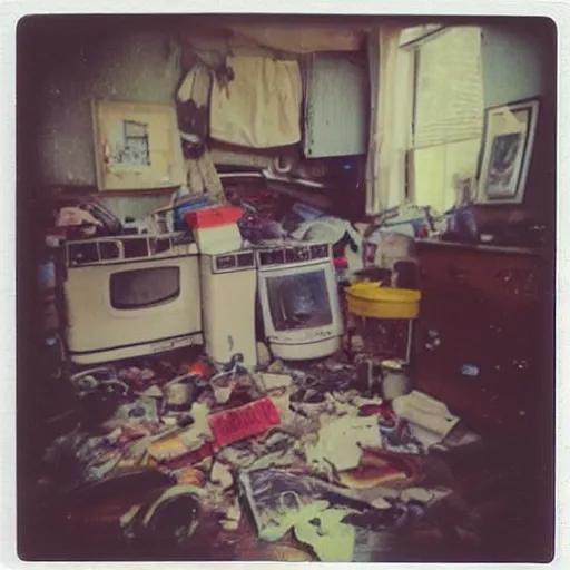 Prompt: messy house in the compulsive hoarder style, polaroid photo, perfect photo, photo pinterest