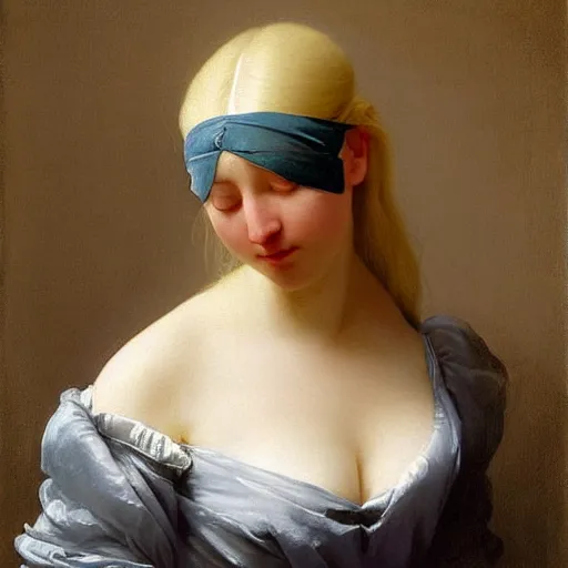 Prompt: a young woman’s face, her hair is silver, she wears a flowing blue satin blindfold, by ivan aivazovsky and pieter claesz and paul delaroche and alma tadema and august malmstrom and and willen claesz heda and aelbert cuyp and gerard ter borch, contrapposto, hyperrealistic, volumetric light, rendered in octane, c4d