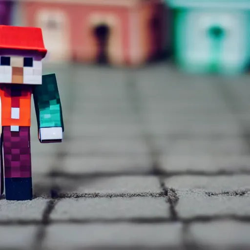 Image similar to macro photo of a miniature ho scale aesthetic minecraft house figure, taken with canon 8 0 d, canon 1 0 0 mm f / 2. 8