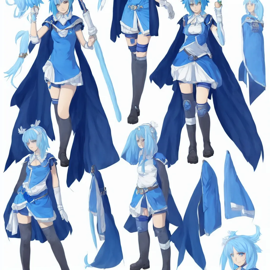 Prompt: a blue-haired alchemist girl, wearing a headband, short pale tunic and white stockings, high boots, azure cape, anime model sheet; in the Japanese fantasy videogame; character concepts; trending on artstation, highly detailed, clean lineart