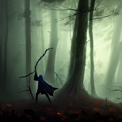 Image similar to cinematic shot, dark hooded mage ( spectre ) using his magic ultimate in the dead forest with leaves falling, symmetrical, 8 k, atmospheric, realistic, made by ivan aivazovsky, peter mohrbacher, greg rutkowski, volumetric light, broad light, fantasy art, sci - fi art, details visible, unreal engine, octane render