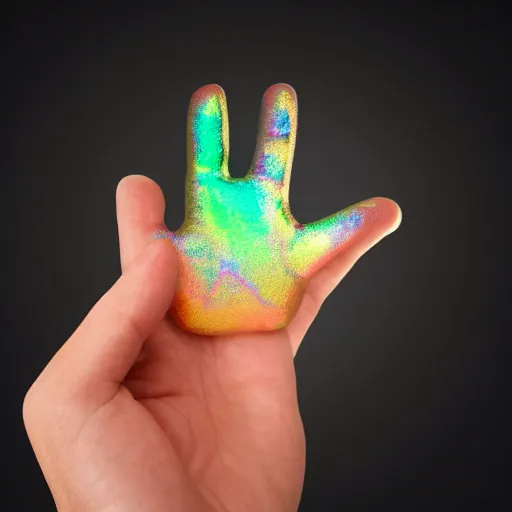 Prompt: two gesturing hands made from an iridescent material in front of a simple background