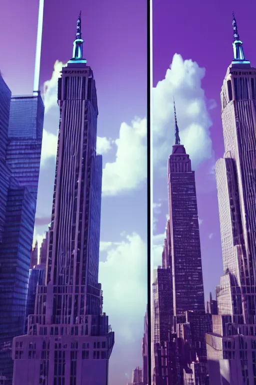 Image similar to of a futuristic photo - realistic new york city with mirrored windows in a shiny crystalline cave : 4, the statue of liberty : 2, highly symmetrical, balanced, purple lightening : 3, octane render, clouds : 2, violet sun : 4, in the style of sahm : 3, hd, ultra - realistic, in unreal engine