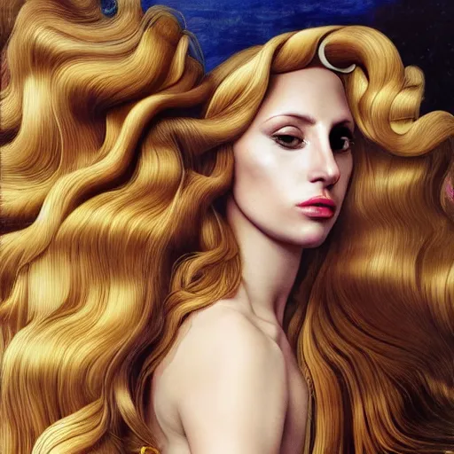 Prompt: photo realistic, hyper realism, lady gaga artpop act ii album, intricate detail, hyper detail, sandro botticelli style, with honey light brown rapunzel hair, detailed, masterpiece, sharp focus,