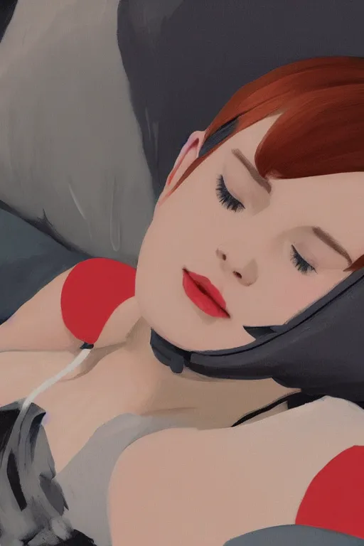 Image similar to a cute young woman lying in a den of pillows listening to music with her eyes closed and wearing headphones, black bob cut hair, cozy setting, red and white, warm lighting, cinematic, moody, oil on canvas, in the style of Ilya Kuvshinov, Krenz Cushart, Range Murata, Eero Aarnio, 8k
