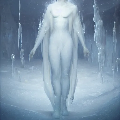 Image similar to a hyperrealistic illustration of a human in the Arctic, white long clothes, snow on the body, blue transparent ice with fractal sunlight, award-winning, masterpiece, in the style of Tom Bagshaw, Cedric Peyravernay, Peter Mohrbacher