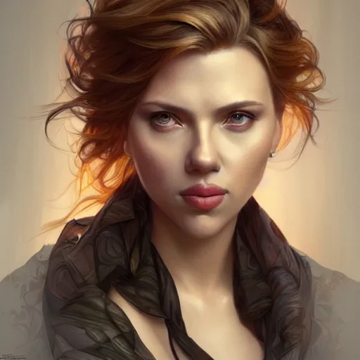 Image similar to Scarlett Johansson , beautiful bone structure, intricate, elegant, highly detailed, digital painting, artstation, concept art, smooth, sharp focus, illustration, art by artgerm and greg rutkowski and alphonse mucha