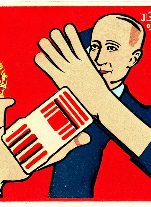 Image similar to a hand holding a red card, russian matchbox label style, propaganda,