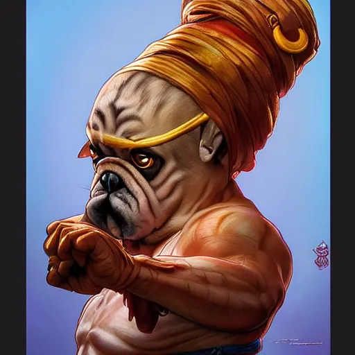 Prompt: a pug as dhalsim from street fighter, 4 k, ultra realistic, detailed focused art by artgerm and greg rutkowski and alphonse mucha