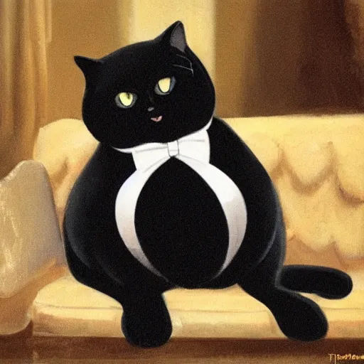 Prompt: a very fat and judgmental cat wearing a full tuxedo sitting in a dimly lit parlor lounge