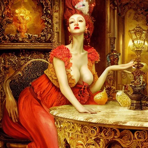 Image similar to Neo Rococo Expressionist, orientalism, diffuse lighting, fantasy, intricate, elegant, highly detailed, lifelike, photorealistic, digital painting, artstation, illustration, concept art, smooth, sharp focus, The City of Lisbon in a luxurious lavish cake shop, art by John Collier and Albert Aublet and Krenz Cushart and Artem Demura and Alphonse Mucha