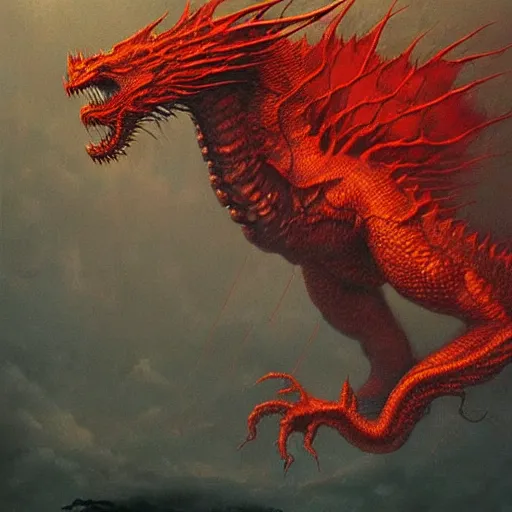 Image similar to A hyperrealistic oil painting of a ferocious highly detailed red dragon breathing fire, art by beksinski, trending on artstation