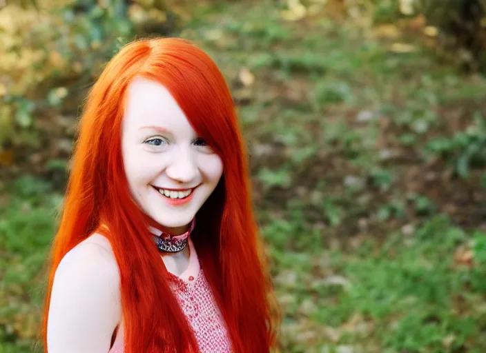 Prompt: portrait of a red haired girl with a choker necklace, and a beautiful smile