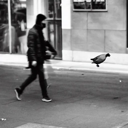 Prompt: surveillance camera footage, black and white, xavi hernandez on the street holding a pigeon