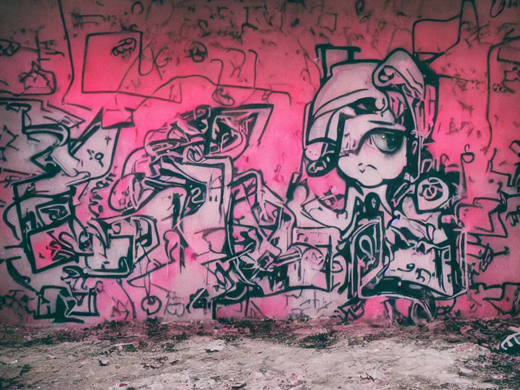 Prompt: graffiti in an abandoned bunker, cute fumo plush gothic black enigmatic maiden girl painted in spilt red ink and washed watercolor, glowing ancient glyphs and summoning circle, neon light, avant garde pop art, filmic, bokeh, captured on canon eos r 6