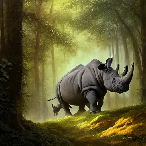 Prompt: a painting of a rhino in a forest, a detailed matte painting by marc simonetti, behance contest winner, fantasy art, matte painting, concept art, matte drawing. masterpiece