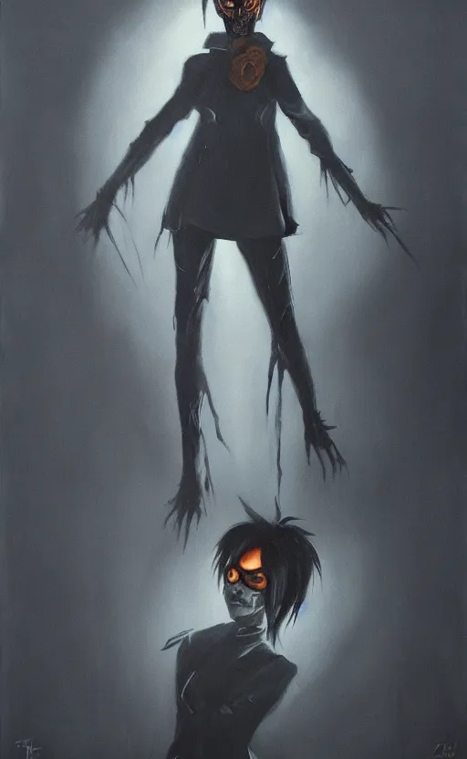 Image similar to dark portrait painting of tracer from overwatch, in style of zdzisław beksinski, scary, horror, overwatch tracer character, dressed in dark garment, tall,