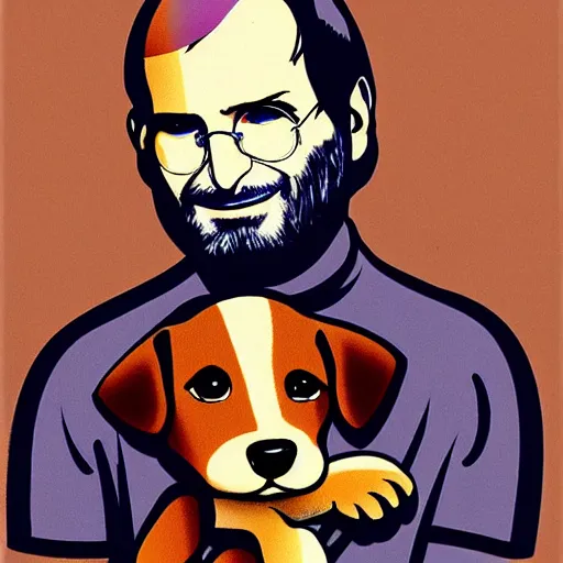 Image similar to Steve Jobs playing with a light brown puppy, pop art, highly detailed