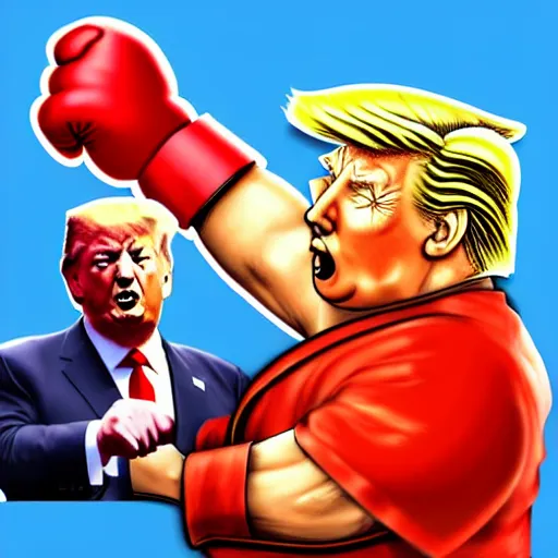 Image similar to xi jinping vs donald trump, street fighter, fight, fistfight, digital art