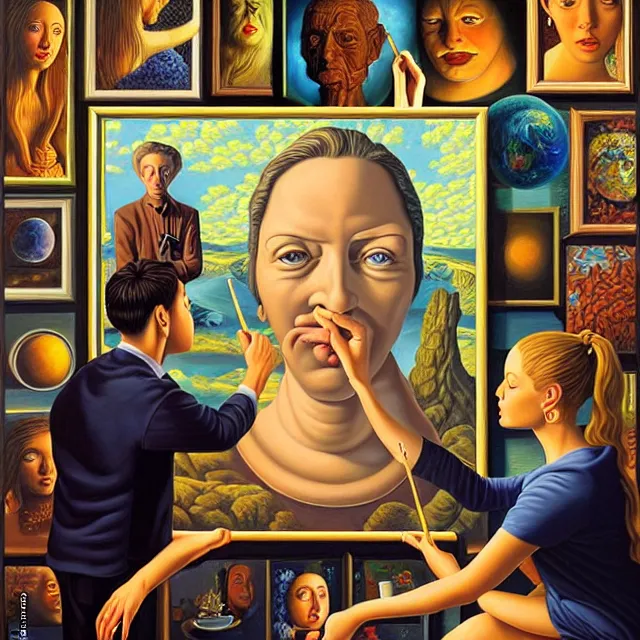 Image similar to an oil on canvas portrait of a man painting a portrait of a beautiful woman surrounded by portrait paintings, surrealism, surrealist, cosmic horror, rob gonsalves, high detail