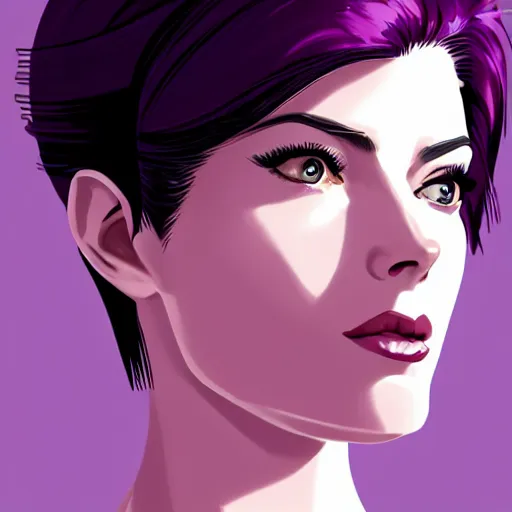 Image similar to A combination of Grace Kelly's and Katheryn Winnick's and Ashley Greene's faces with short violet hair as Motoko Kusanagi from Ghost in The Shell, cyberpunk style, synthwave aesthetic, fantasy, intricate, elegant, highly detailed, digital painting, artstation, concept art, matte, sharp focus, illustration, half body portrait, anime style, art by Artgerm and Greg Rutkowski and Alphonse Mucha