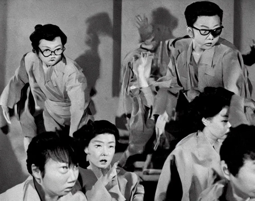 Image similar to a filmstill of pulgasari, kaiju starfish, monster movie, korean film noir, 1 9 5 0 s thriller, kim jong - il, in the style of suspiria ( 1 9 7 7 )