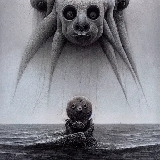 Image similar to sea koala beksinski, eldritch, apocalypse, creepy creature, horror spooky
