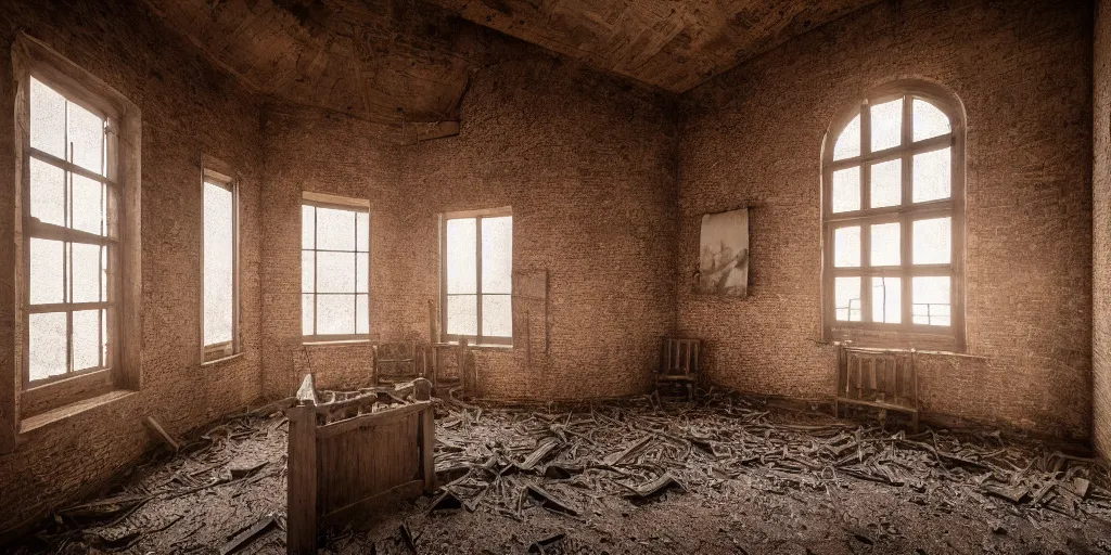 Image similar to interior of a dusty abandoned old western chapel during day, hyper realistic vfx simulation, godrays from windows, trending on Behance, 24mm f8, vray