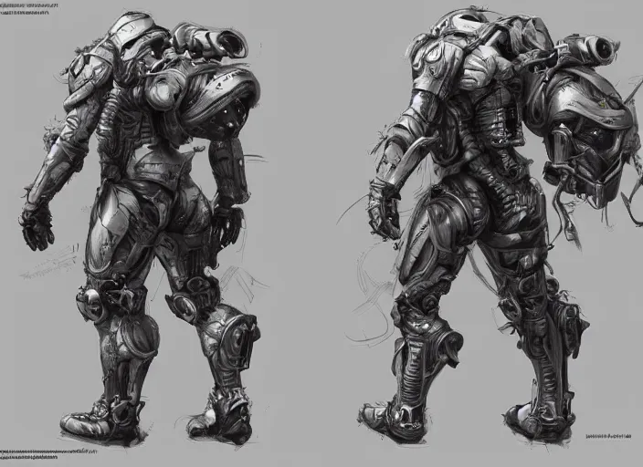 Image similar to front and back character view of Ludens from Kojima Productions by Donato Giancola, Trending on artstation and pixiv concept art and sheet