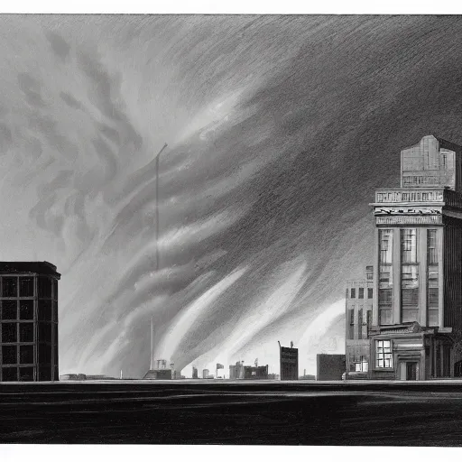 Image similar to an engraving of a storm battering a light tower skyscrapper, brutalism, in city downtown by edward hopper