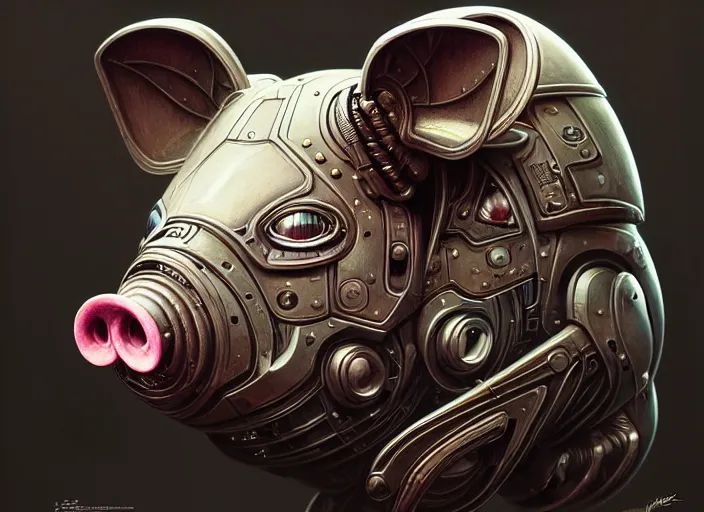 Prompt: portrait shot of a cyberpunk robot pig, intricate, elegant, highly detailed, centered, digital painting, artstation, concept art, smooth, sharp focus, illustration, artgerm, tomasz alen kopera, peter mohrbacher, donato giancola, joseph christian leyendecker, wlop, boris vallejo