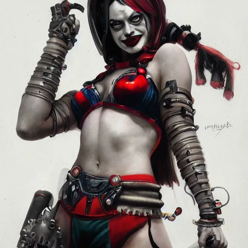 Prompt: a portrait of Harley Quinn in bikini armor, Warhammer 40000, cyberpunk, intricate, elegant, highly detailed, digital painting, trending on artstation, concept art, smooth, sharp focus, illustration, art by Ruan Jia and Mandy Jurgens and Artgerm and william-adolphe bouguereau and greg rutkowski and alphonse mucha