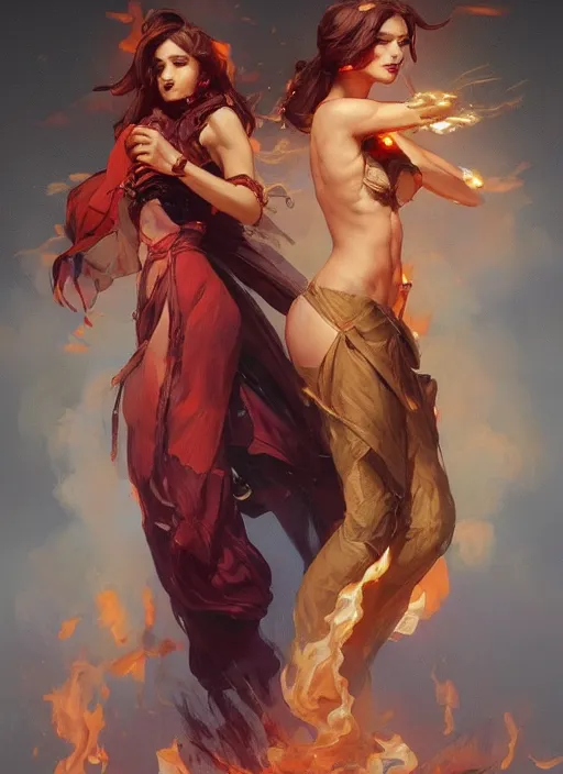 Image similar to a couple made of fire and smoke, full body view, beautiful high quality realistic fantasy art, trending on artstation by artgerm and greg rutkowski and alphonse mucha