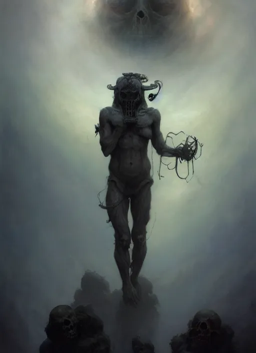 Image similar to shackled in the void of hell, frank frank frazetta and cgsociety, stunning god of sasquatch, charlie bowater and tom bagshaw, insanely detailed, deviantart, space art, atoms surrounded by skulls, death, and spirits deep under the haze smoke, horror, sci - fi, surrealist painting, by peter mohrbacher