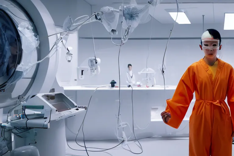 Prompt: an 8 k photograph depicting haruka abe wearing an orange prison jumpsuit standing in a futuristic medical laboratory. tubes and wires are attached to her head, a holographic representation of a human brain floats in the air.. futuristic medical equipment surrounds haruka abe. cinematic lighting, soft focus, panavision camera, sci fi, futuristic,