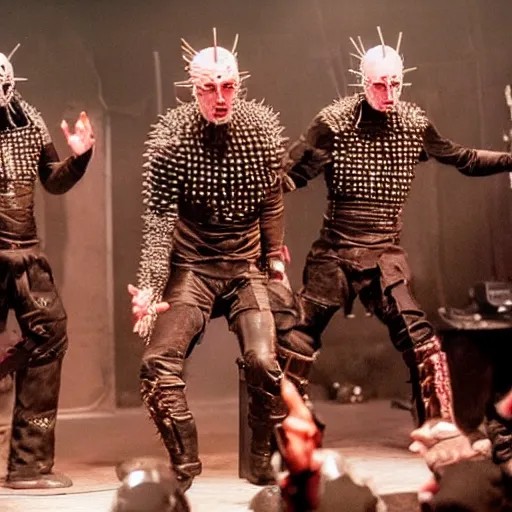 Image similar to Hellraiser cenobites in a metal band playing in front of a large crowd of nerds,