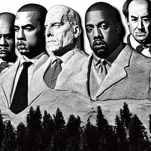 Prompt: “Kanye West, Jay Z, Walter White, and Saul Goodman as the heads of Mount Rushmore”