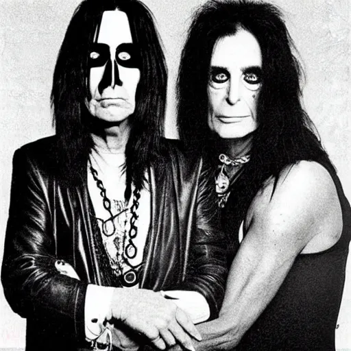 Image similar to alice cooper and ozzy osbourne in the style of american gothic