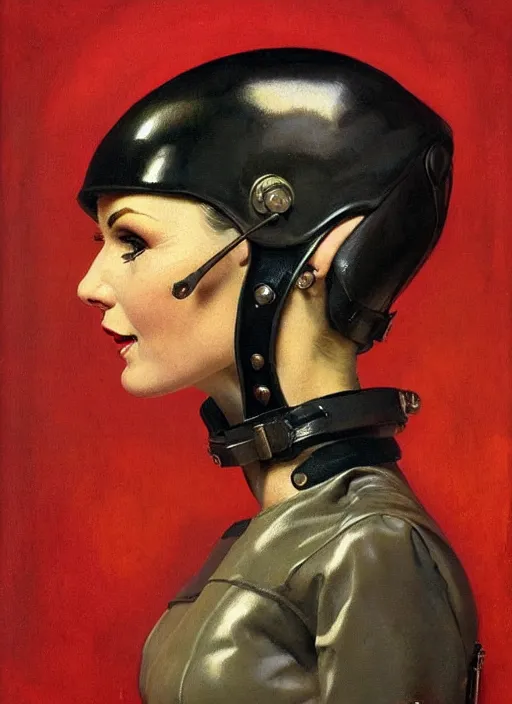 Prompt: 5 0 s pulp scifi fantasy illustration head shoulders portrait elegant mature woman in leather spacesuit, by norman rockwell, roberto ferri, daniel gerhartz, edd cartier, jack kirby, howard v brown, ruan jia, tom lovell, frank r paul, jacob collins, dean cornwell, astounding stories, amazing, fantasy, other worlds