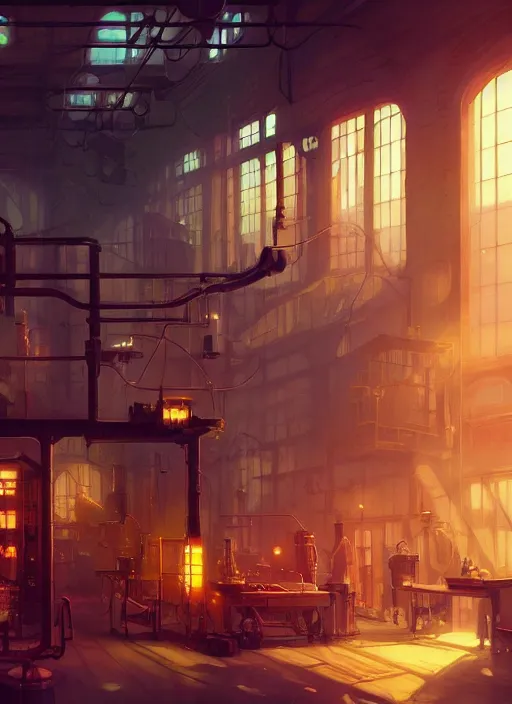 Image similar to beautiful interior of a small steampunk factory, artgerm, james gilleard, delphin enjolras, goro fujita, makoto shinkai, paul lehr, exquisite lighting, octane render, very coherent, trending on artstation